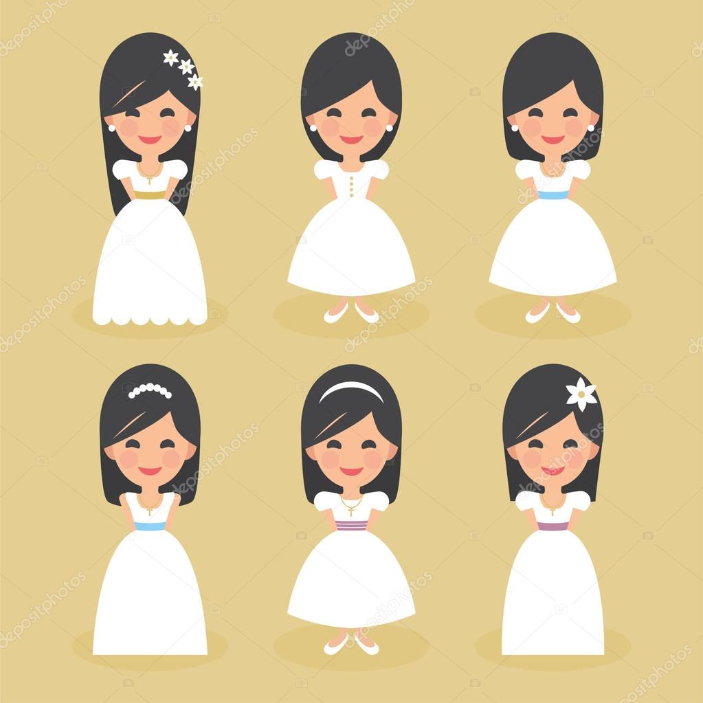 set of beautiful girls in white dresses