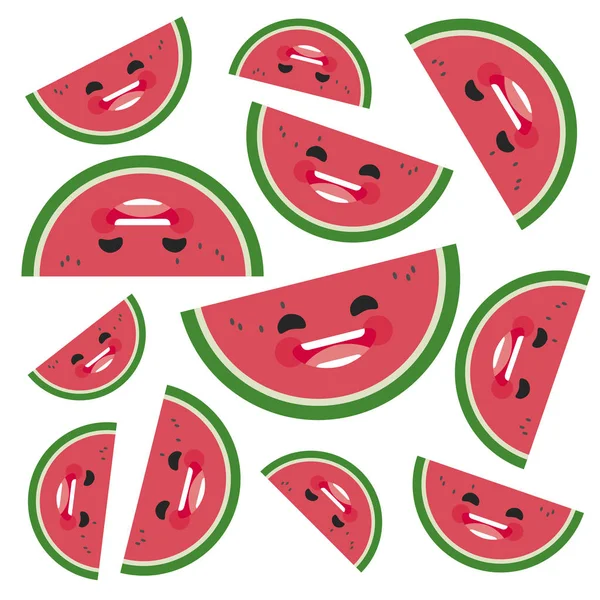 Motif avec des personnages de dessins animés de pastèques souriantes — Image vectorielle