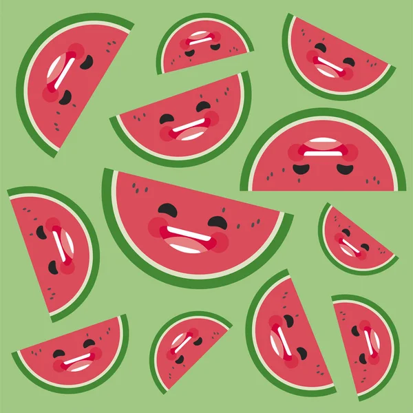 Motif avec des personnages de dessins animés de pastèques souriantes — Image vectorielle