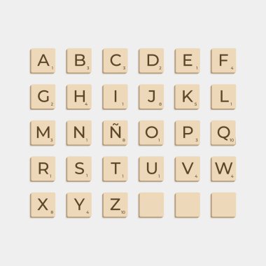 Scrabble harfleriyle alfabe büyük harflerle. Vektör illüstrasyonunu sözcük ve ifadeleri oluşturmaya hazır hale getir