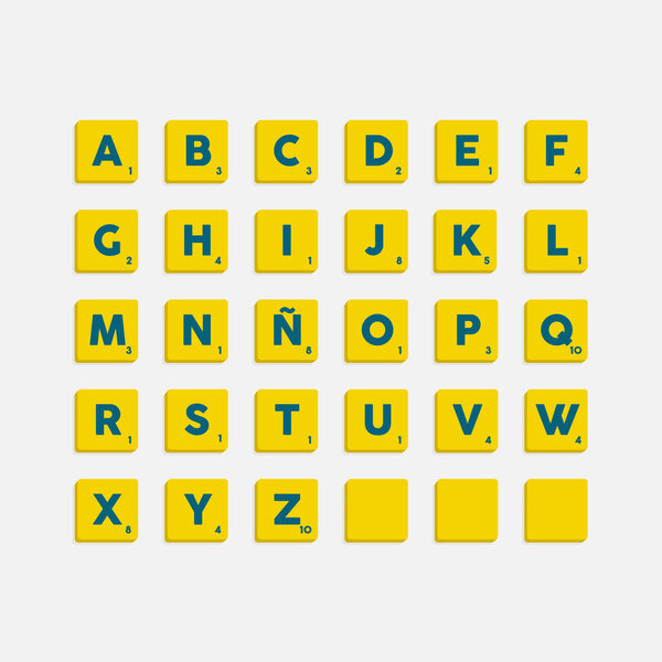 Complete Alphabet uppercase in scrabble letters. Isolate vector illustration ready to compose words and phrases