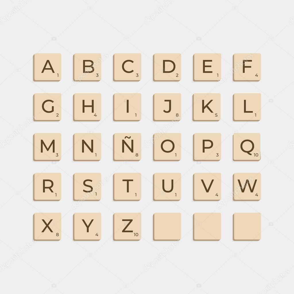 Complete Alphabet uppercase in scrabble letters. Isolate vector illustration ready to compose words and phrases