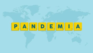 İspanyolca yazılan salgın mavi arka planda dünya haritası olan Scrabble harfleriyle