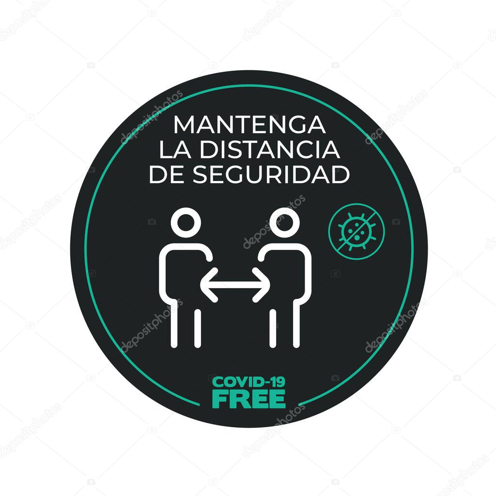 Round sticker for Keep the safety distance. Covid-19 free zone. Signs for shops, stores, hairdressers, establishments, bars, restaurants