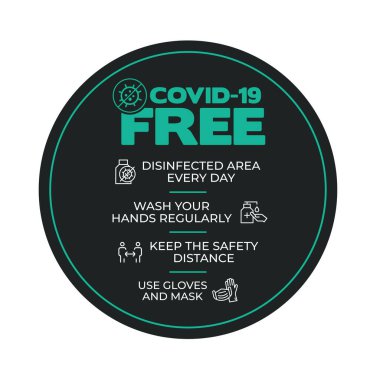 Koronavirüsün dezenfekte edilmiş bölgeleri için siyah ve yeşil yuvarlak çıkartma. Covid-19 serbest. Günlük dezenfekte