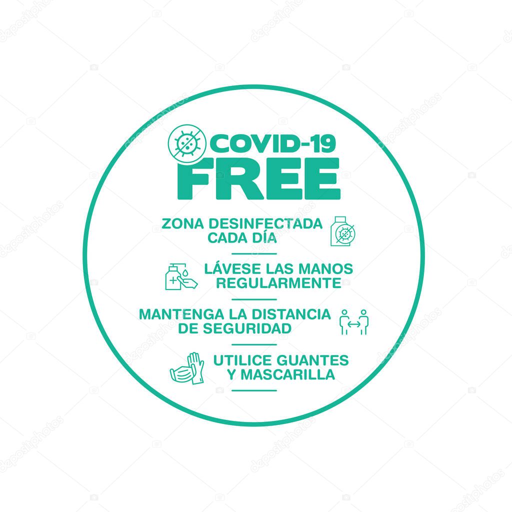 Round sticker for Wear mask writting in spanish. Covid-19 free zone. Signs for shops, stores, hairdressers, establishments, bars, restaurants ...