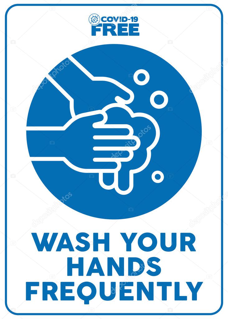 Wash your hands frequently. Covid-19 free zone poster. Signs for shops, stores, hairdressers, establishments, bars, restaurants ...