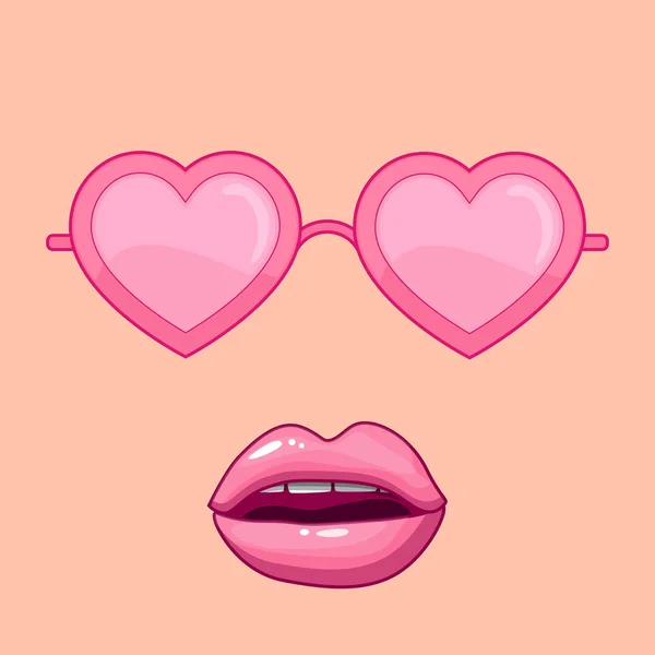 Hjärtformade solglasögon med kvinnliga läppar — Stock vektor