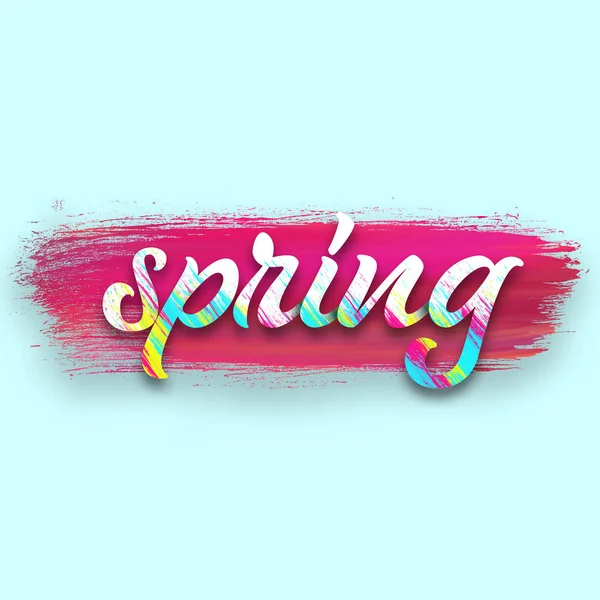 Handwriting Word Spring Pink Paint Blue Background — Stock Photo, Image