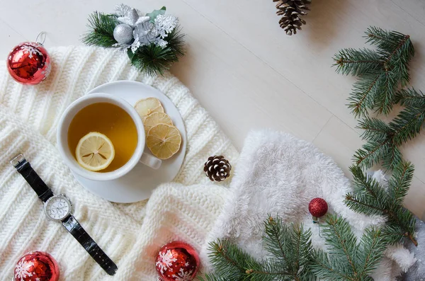 Vista superior taza de té decorado con bufanda de punto, ramas de abeto y conos de pino. Humor de invierno de Navidad. Puesta plana — Foto de Stock