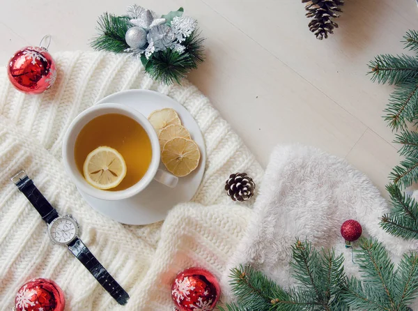 Vista superior taza de té decorado con bufanda de punto, ramas de abeto y conos de pino. Humor de invierno de Navidad. Puesta plana — Foto de Stock