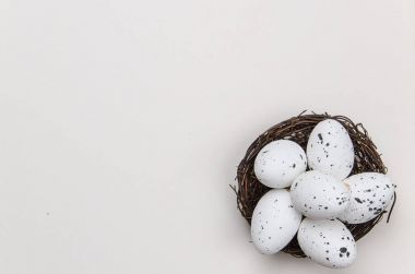 Beyaz oda veya kopyalama, metin, sözcükler için alan ahşap zemin üzerine üst yan görünümden yuvadaki yumurta