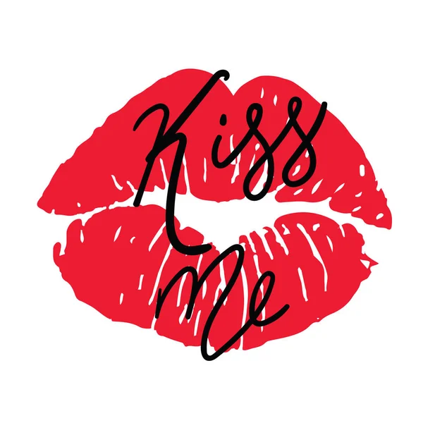 Cartel romántico con letras de mano y lápiz labial. Ilustración para San Valentín o boda frase manuscrita Bésame y beso labio rojo — Vector de stock