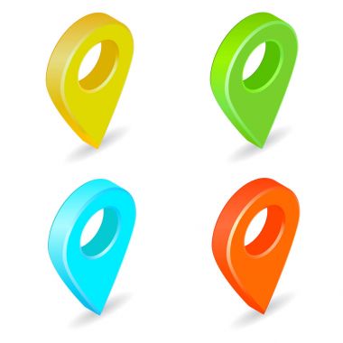 İzometrik harita işaretçi kümesi. Çok renkli harita PIN simgeler.
