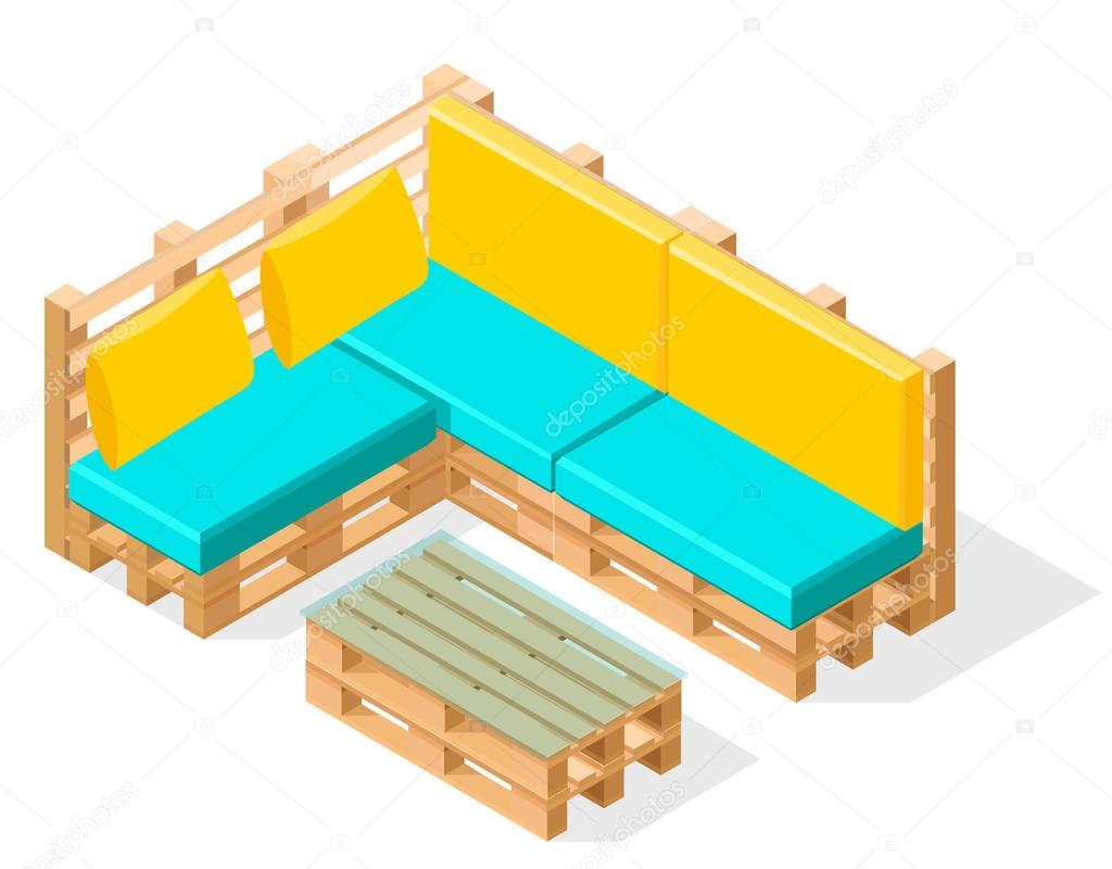 Isometric pallet furneture. Comfy pallet for sitting with a table. Vector