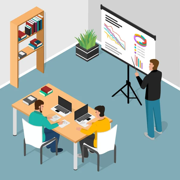 Isometric office. Concept of business meeting, exchange ideas and experience, coworking people,collaboration and discussion,vector illustration — Stock Vector