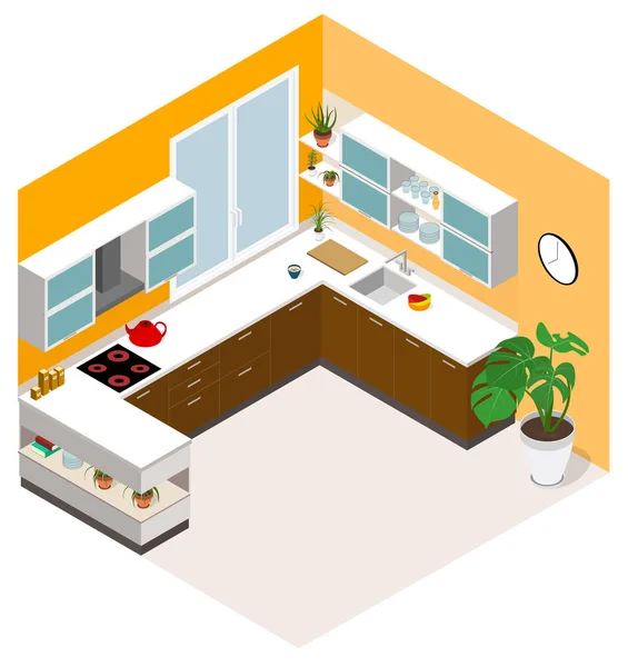 Isometric kitchen design. Vector isometric low poly kitchen room icon. — Stock Vector