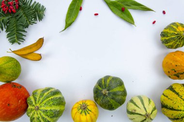 renkli dekoratif pumpkins, Kuru yaprakları ve meyveleri, ahşap bir masa üzerinde çerçevesinden. Sonbahar mockup düz yatıyordu tasarım