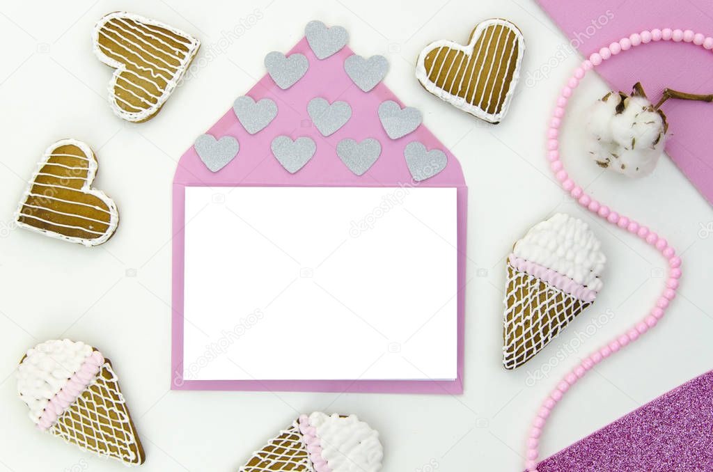 Romantic letter with empty space for your text.Top view, flatlay. Mockup template. Love, heart and sweets