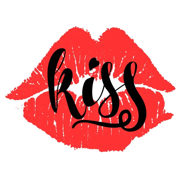 Romantiska affisch med hand bokstäver och läppstift avtryck. Illustration för alla hjärtans dag eller bröllop handskrivna fras Kiss och röda läppar kyss — Stock vektor