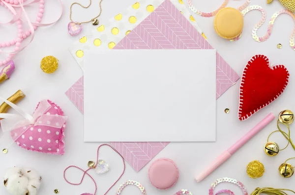 Pink love letter on valentines day. Valentine template mockup. Flat lay Stock Picture