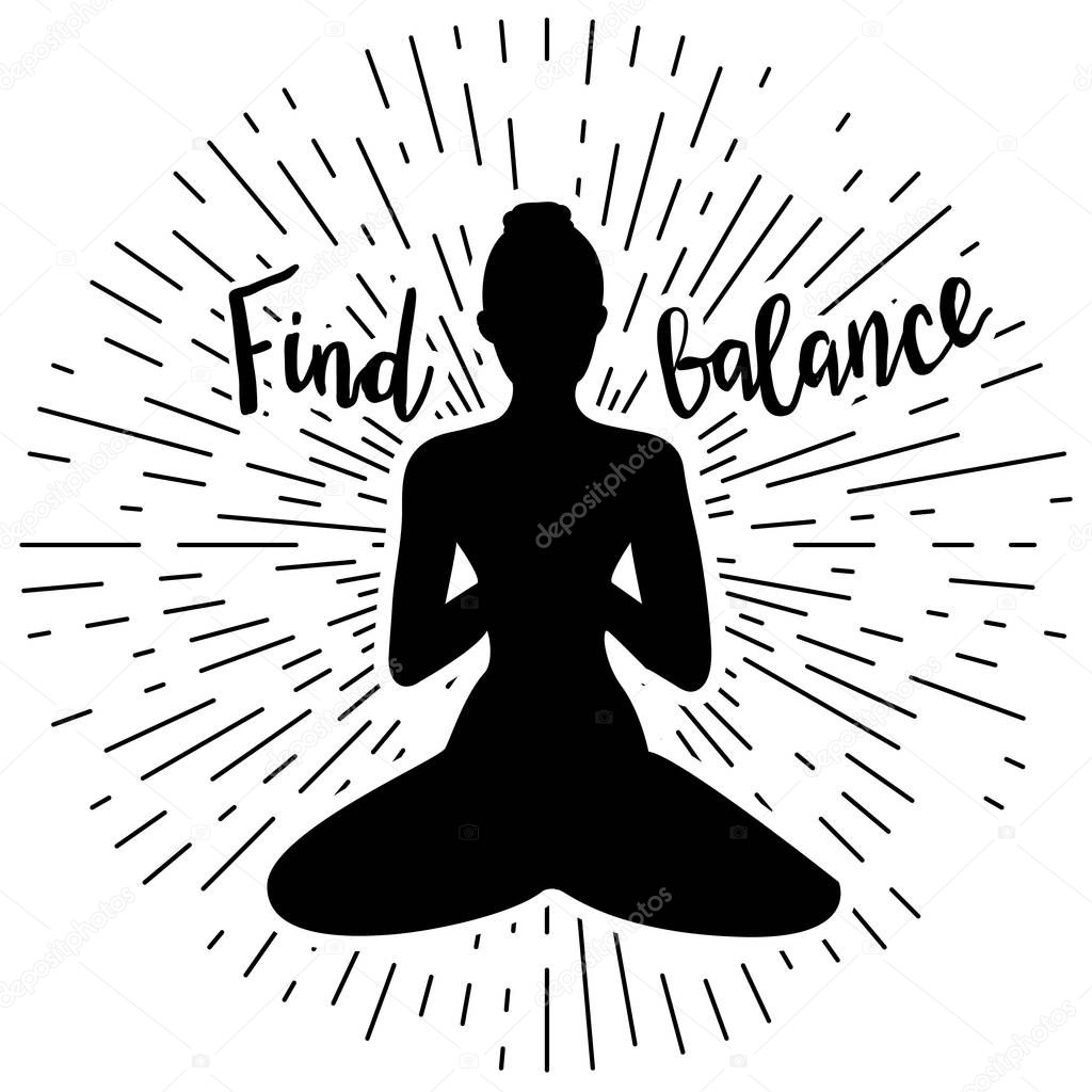 yoga silhouette with lettering phrase find balance.