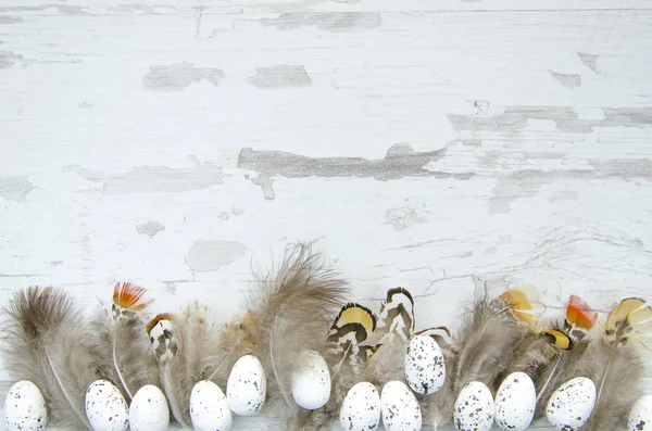 Easter eggs decorated and feathers on white wooden background. Easter mock up art work template. Flat lay, top view, copy space — Stock Photo, Image