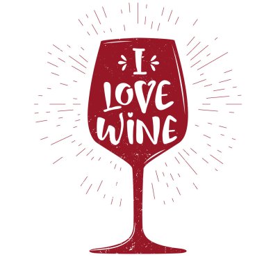 Tipografi aşk şarap şarap şarap siluet ve ben yazı ile kroki. Retro vintage tarzı poster, afiş, kartlar, poster baskı, bar T gömlek ya da Restoran Menü Aydın el tasarım