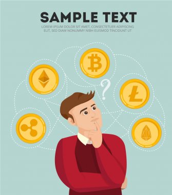 Adam seçme cryptocurrency bitcoin, ethereum, litecoin, dalgalanma, eos vektör çizim blockchain teknoloji