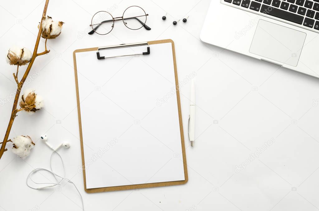 Clipboard mockup flat lay. Home office workspace mock up. Template for blog, bloger, business.