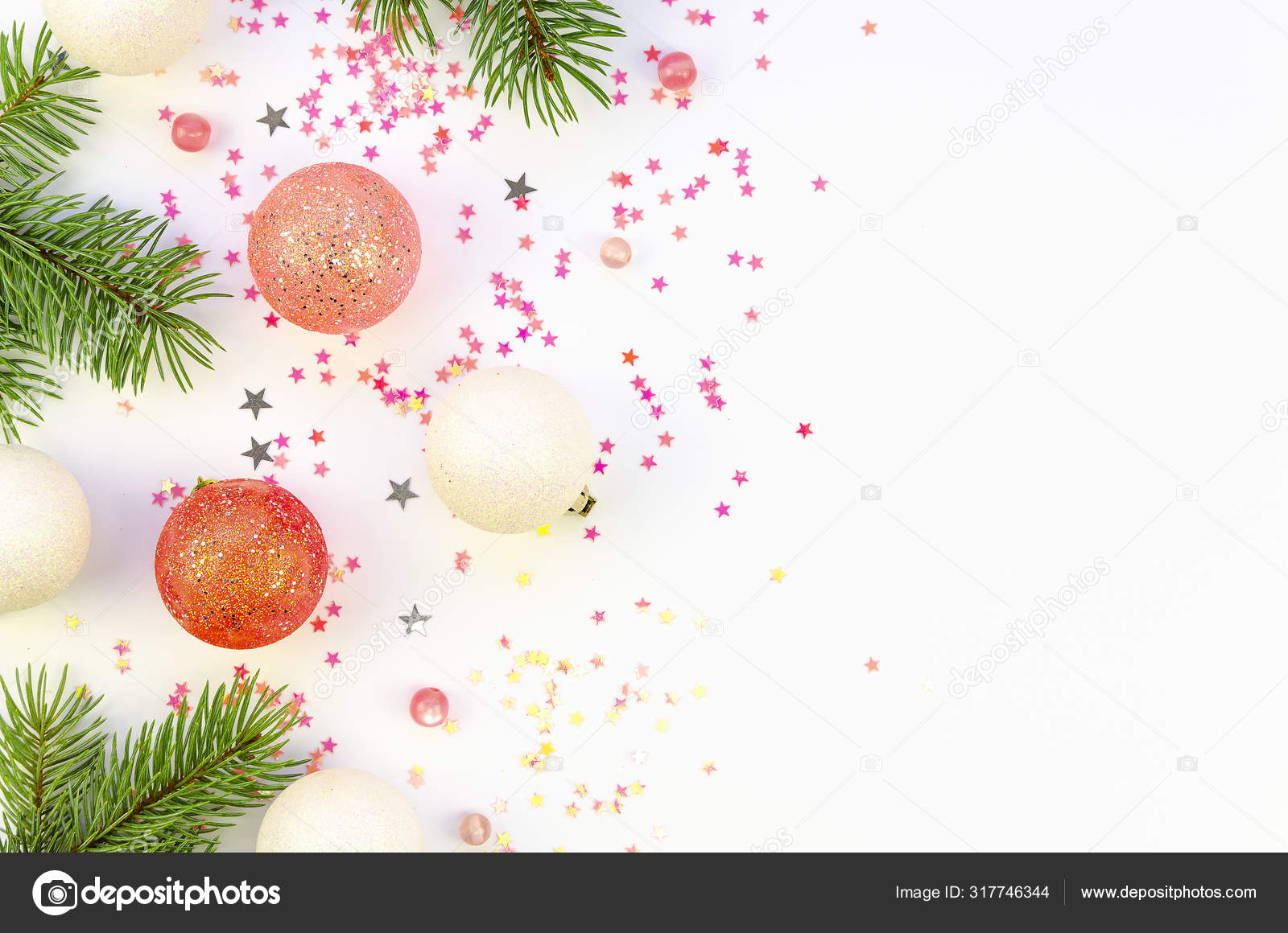 Download Flat Lay Fir Branches With Christmas Decorations And Confetti On A White Background Frame Mockup With Copy Space For Text Or Xmas Banner Stock Photo Image By C Woodpencil 317746344