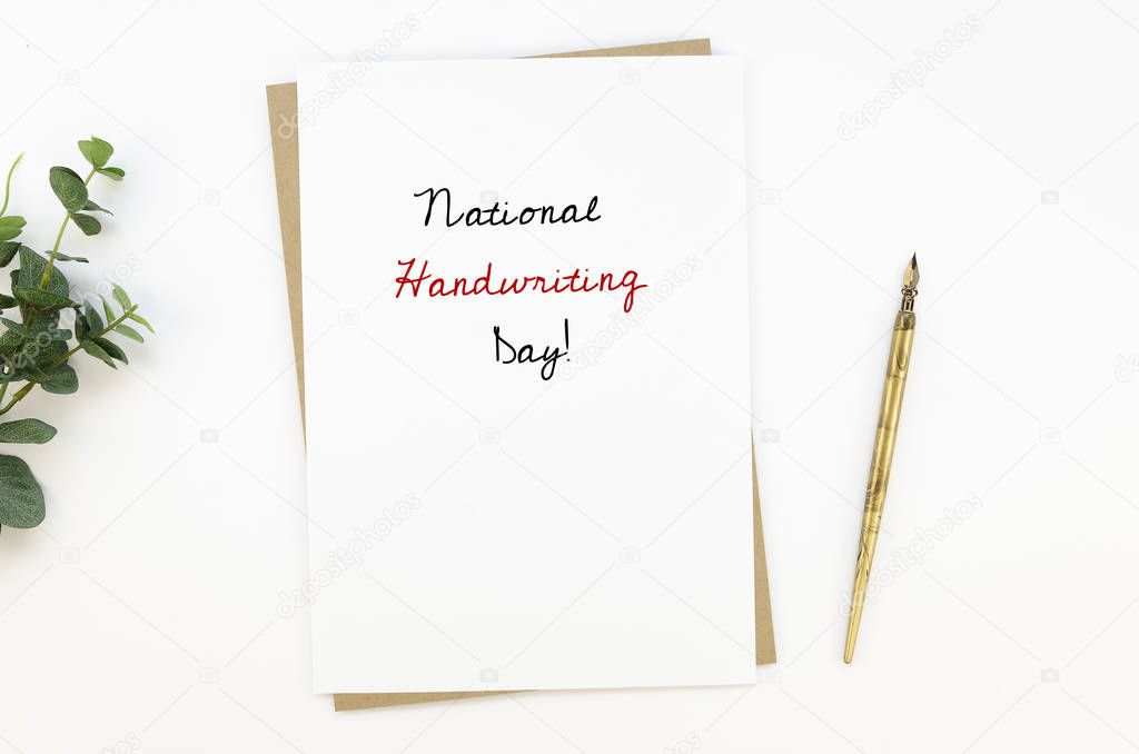 Flat lay national handwriting day mockup with vintage ink pen and paper sheet with sing on white background