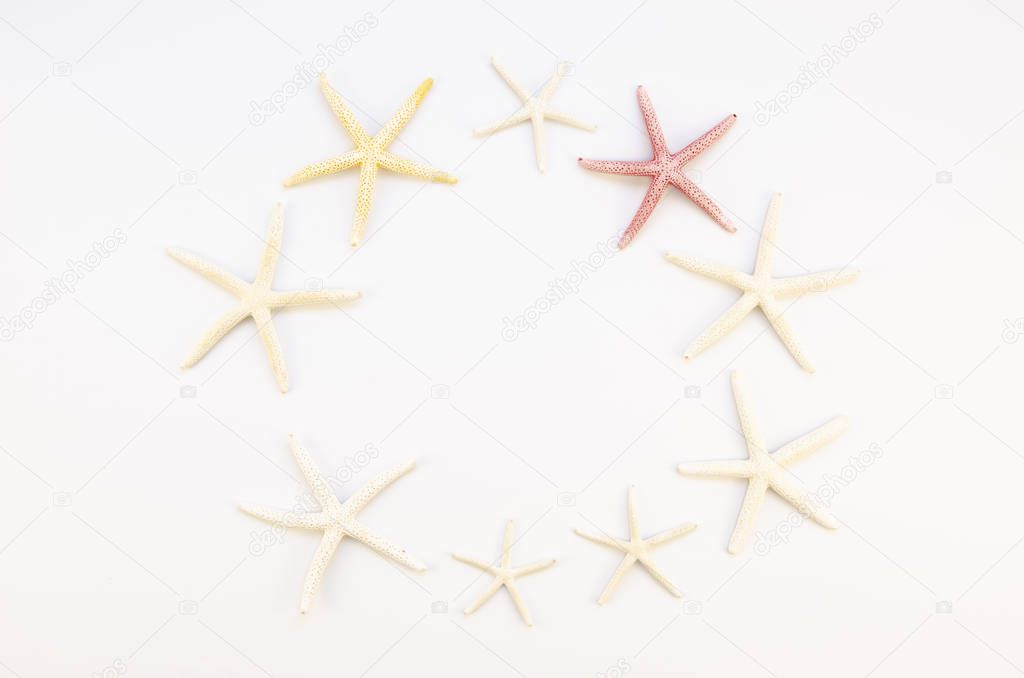 Top view starfishes frame isolated on white. Summer vacation concept with copy space mockup