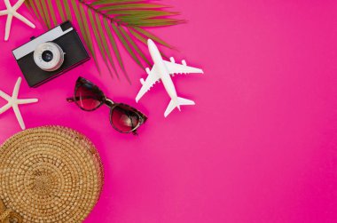 feminine traveler frame mockup. Vibrant pink background with palm, retro camera and air plane. Copy space flat lay