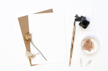 Kırsal masa çalışma alanı, kuru çiçek boş kağıt maketi ve eski mürekkep kalemi. Beyaz arka planda kahverengi durağan. Düz yatıyordu