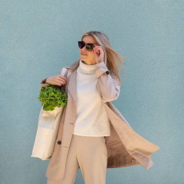 Mavi Duvarda Taze Yeşil Sebzeli Tekstil Market Çantası Tutan Genç Tarz Kadını. Organik Eko Gıda