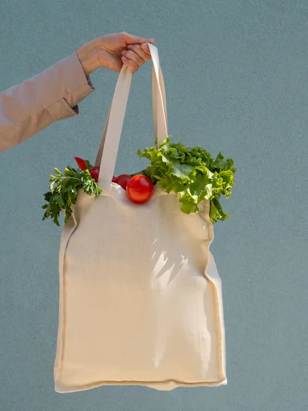 Feminin hand hålla återanvändbara shoppingväska full med färsk hälso mat. Friska livsmedel mockup med utrymme för din logotyp på en påse — Stockfoto