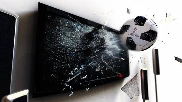 正式的国际足联2018年世界杯 Telstar用破碎的玻璃从平板电视上飞出 3D示例 图库照片