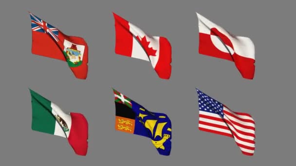 Flags of North America, Seamless Loop, Alpha Channel. — Stock Video