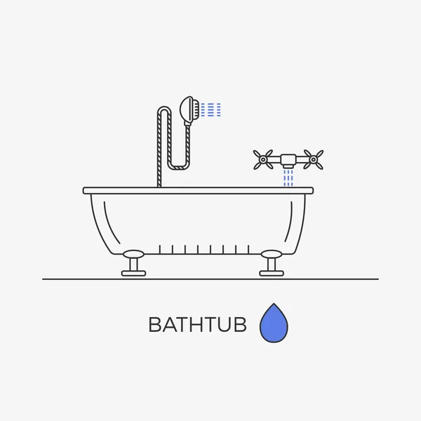 Bañera, ducha y grifo iconos de línea delgada en una composición — Vector de stock