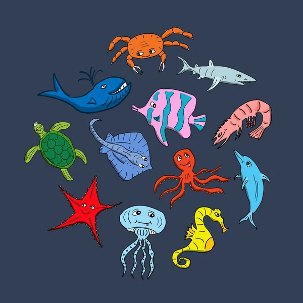 かわいい手描き漫画海の動物たち — ストックベクタ