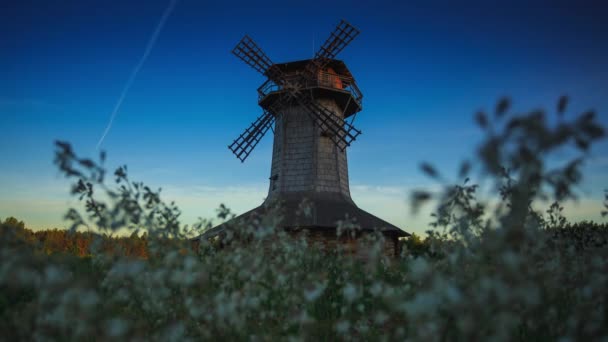 Old Authentic Windmill Dawn Shadows Rays Sun Creep Building Time — Stock Video