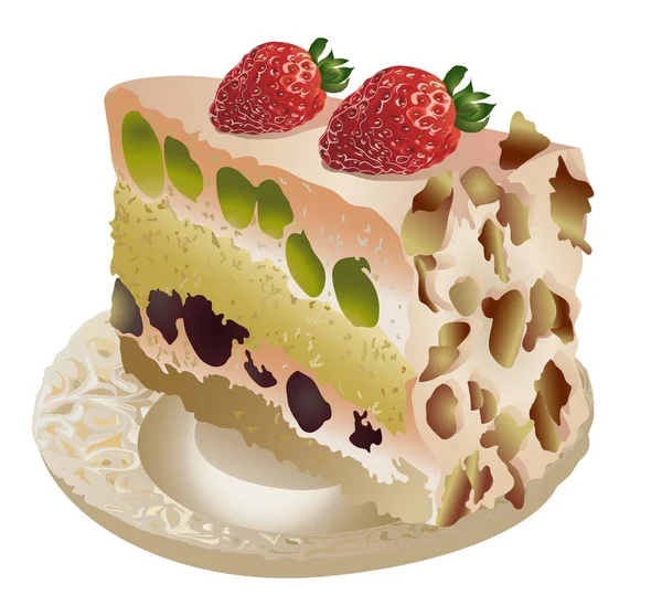 Delicioso pedazo de pastel con fresas — Vector de stock
