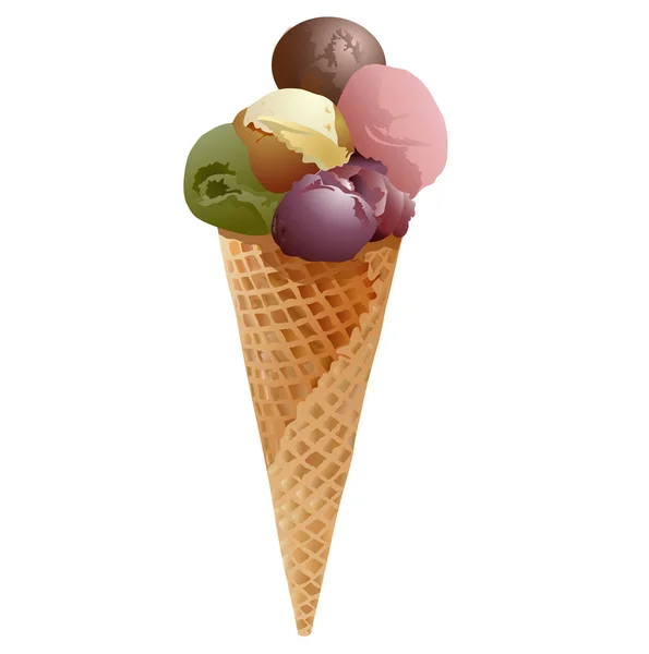 Cono gelato alla frutta con cinque palline colorate — Vettoriale Stock