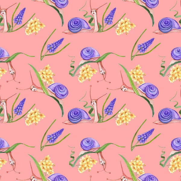 Nahtlose Textur Frühling Und Schnecken Auf Rosa Hintergrund — Stockfoto