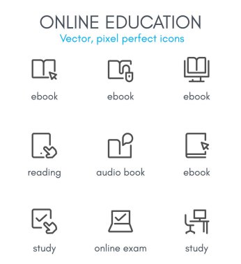 Online education theme, line icon set. clipart