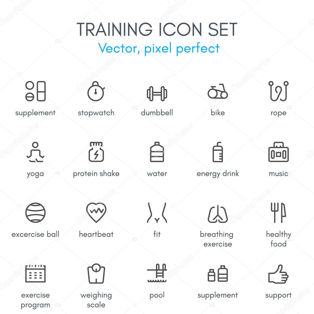 Training theme, line icon set. 