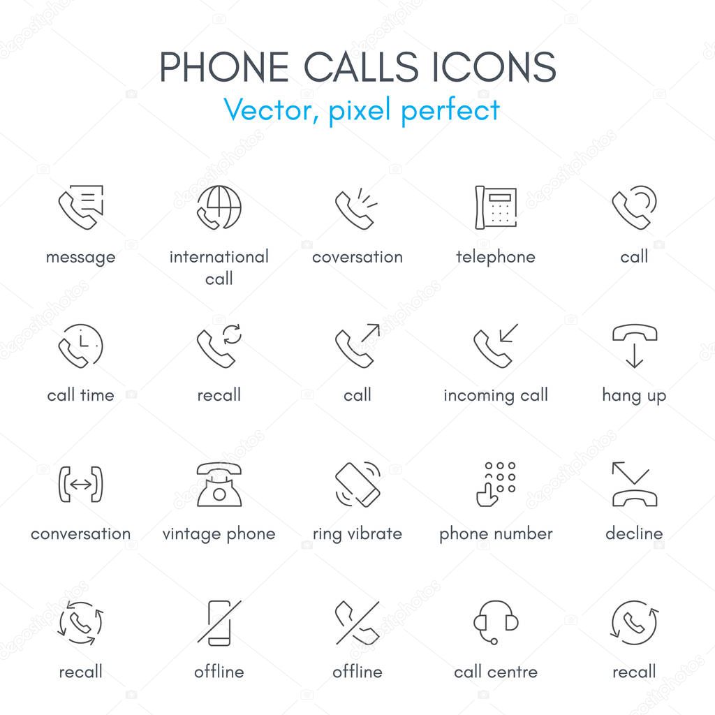 Phone calls theme, line icon set.