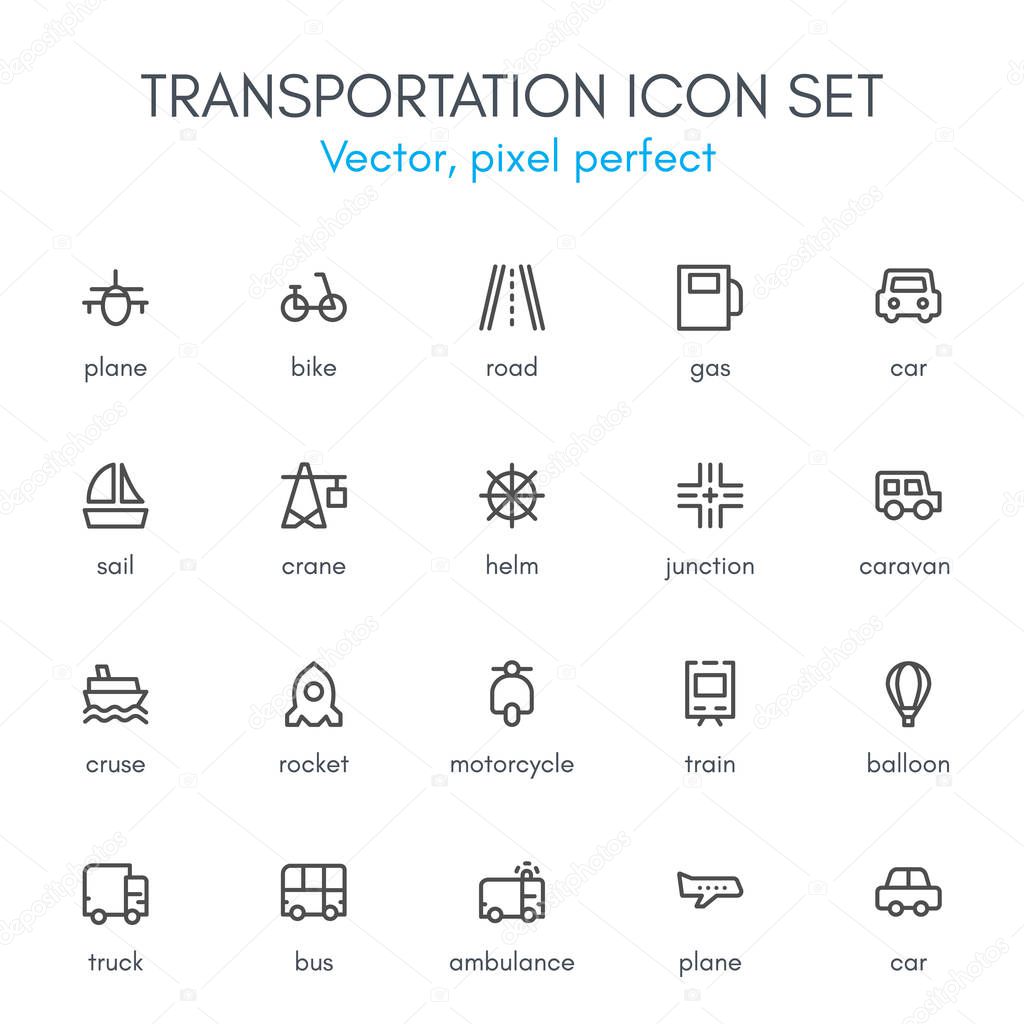 Transportation theme, line icon set.