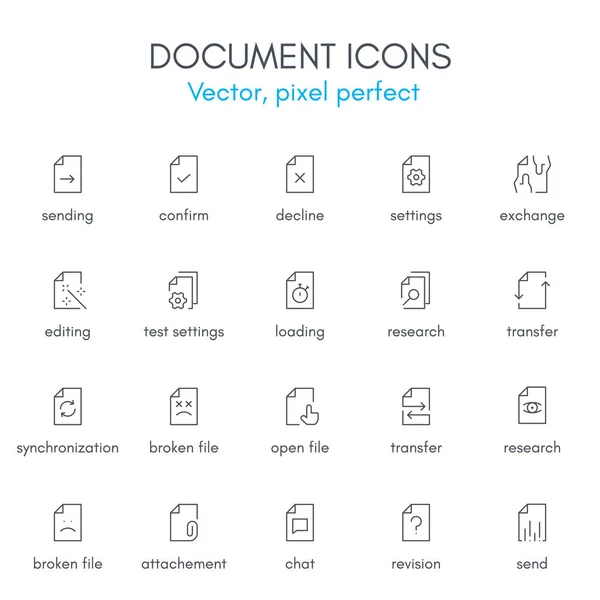 Tema del documento, set di icone linea . — Vettoriale Stock